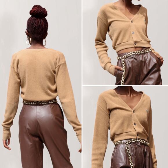 90s Lacoste Camel Cropped Cardigan Preppy Collegiate Oldmoney Minimalist Tan - Picture 8 of 12